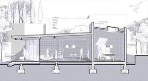 A modern cafe with a large open area featuring chairs and dining tables, designed for socializing and enjoying meals together