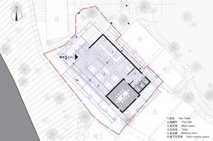 Architectural drawing of a modern open floor plan with dining and kitchen areas, multiple chairs, and linework and labels indicating room divisions and measurements