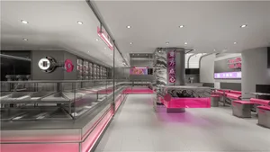 Modern restaurant with a pink and white color scheme, white tile flooring, and ample seating options