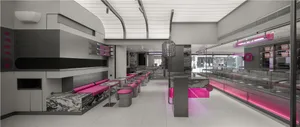 A modern restaurant interior with pink accents, artwork on the walls, and ample seating for guests