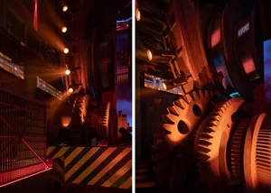 Industrial interior with large gears and machinery, and a yellow and black striped wall in a dark and industrial atmosphere