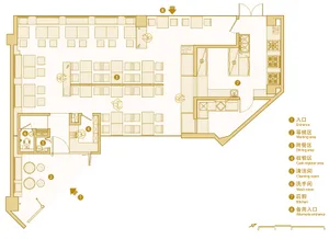 2D floor plan of a modern restaurant with various rooms and spaces, including a dining area, kitchen, and offices, presented in a clean and organized manner