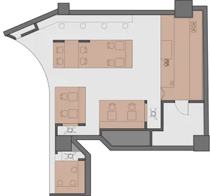2D floor plan of a restaurant with dining tables, chairs, and labels indicating measurements and layout