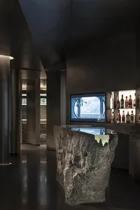 A modern interior design featuring a stone countertop, bar area, and bottles displayed on the countertop