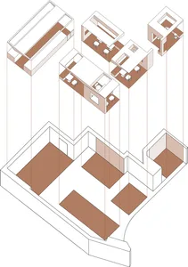 A modern office building floor plan featuring multiple rooms and hallways with a focus on efficient use of space and a neutral color scheme