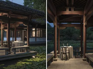 Asian-style building with a wooden structure featuring dining tables and chairs in both outdoor and indoor settings, with natural lighting and traditional design elements