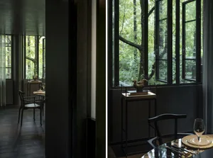 Two black and white photos of an interior design project featuring a dining area with chairs and a doorway, both with natural light from windows