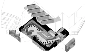 A modern interior space with multiple seating areas, black and white color scheme, and ample seating options