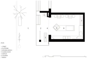Architectural drawing of a modern building interior with multiple rooms, including a dining area and living space, with linework and labels