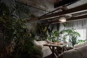 Cozy dining room with a dining table, two couches, and wooden furniture, set up for a meal with multiple bowls on the table