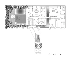 2D architectural drawing of a modern house with multiple levels, neutral tones, and natural light from windows