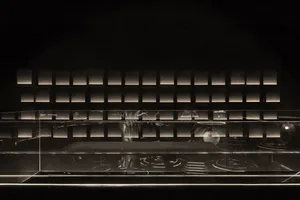 Empty kitchen counter with a glass surface, minimalist and modern design