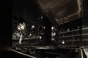 Cozy restaurant interior with wooden accents, tables, chairs, and bottles, set in a warm and inviting atmosphere