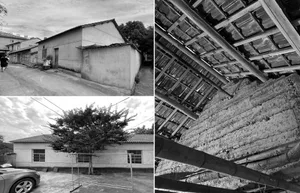 A tree in front of a building, a house under construction, and a building's interior with windows and a door