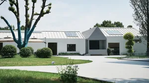 A modern house with a white exterior, featuring multiple rooms with large windows for natural light, minimalist decor, and a focus on functionality