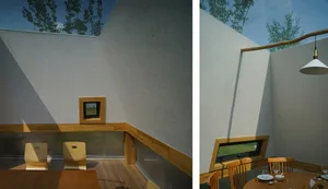 A warm and inviting dining space with a wooden theme, featuring a dining table and chairs, and a window with natural light