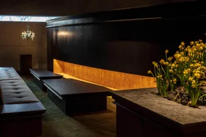 Cozy living space with two wooden benches and three potted plants, surrounded by a wooden wall