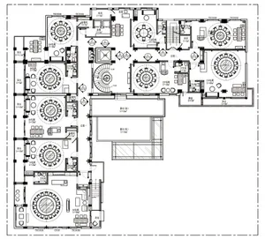 2D floor plan of a modern hotel with multiple rooms, kitchen area, and dining tables, featuring linework, labels, and measurements