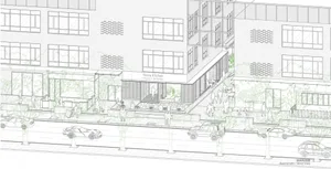 A bustling urban high-rise building with open windows, people walking around the exterior, and a lively atmosphere