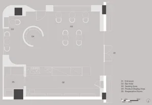 2D floor plan of a modern restaurant with various seating arrangements, chairs, and a dining table