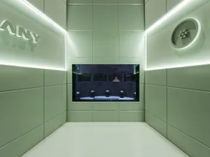 Empty room with green walls, a flat screen TV mounted on one wall, and a calm atmosphere
