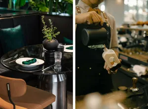 A casual restaurant and coffee scene with comfortable seating, dining tables, and various pieces of furniture, creating a relaxed atmosphere