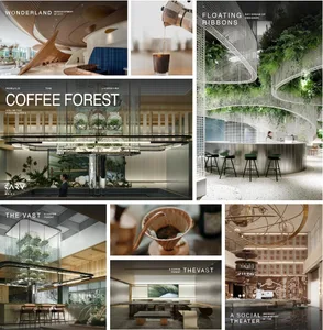 A modern cafe with seating areas featuring distinctive chairs, dining tables, and potted plants, creating a welcoming atmosphere
