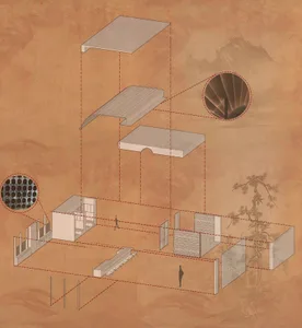 Architectural drawing of a multi-level house with labeled rooms, windows, and doors, showing a clear top-down layout and design