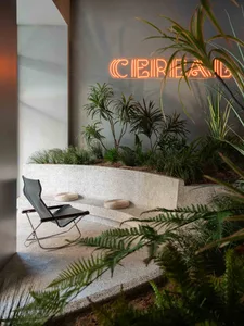 An industrial space with a large white wall featuring a neon sign reading 'Cereal', two chairs, and three potted plants adding a touch of greenery