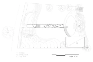 2D floor plan of a modern building with a tunnel roof, cathedral ceiling, and a tree in the middle, featuring clean lines and minimalistic elements