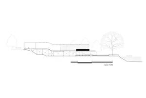 Architectural drawing of a modern house with multiple levels, featuring walls, windows, doors, and trees