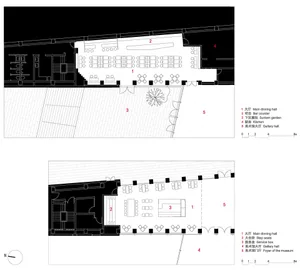 2D floor plan of a large interior space with multiple dining areas, tables, chairs, couches, and benches