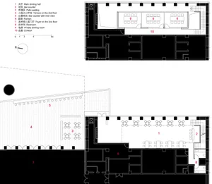 A modern floor plan with multiple dining tables, chairs, clocks, and other furniture pieces arranged in a functional layout