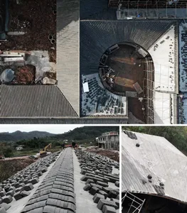 Four images showcasing various stages of construction on an unfinished building, including workers, interior views, and exterior details