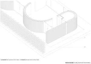 Architectural design of a modern building with a brick wall and wooden floors, featuring a contemporary style