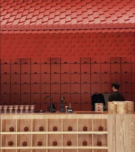 A casual kitchen scene with a red accent wall, wooden countertop, and various household items on display