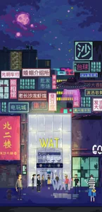 A bustling Asian city at night with a large building featuring numerous signs in various oriental languages and a mix of modern and traditional architecture