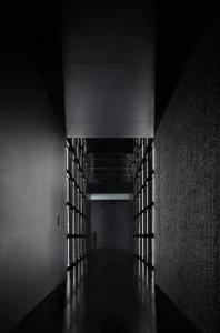 A dimly lit hallway with a black background, featuring unique wall designs and natural light from windows, creating a mysterious atmosphere