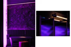 Modern interior design concept with a purple wall, black table, and two chairs in a stylish and sophisticated space