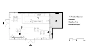2D floor plan of a modern restaurant with labeled rooms and spaces, including a kitchen, dining area, and other functional areas