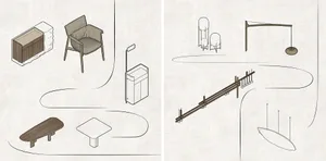 Illustration of a wooden chair in front of a metal table with two vases, and a detailed living room with a couch, dining table, chairs, and a potted plant