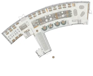 2D floor plan of a modern restaurant with dining areas, tables, chairs, and potted plants