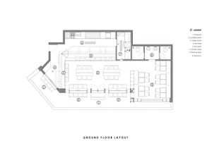 2D floor plan of a modern restaurant with various rooms and clear indications of different spaces and their functions