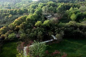 A serene house with a black roof surrounded by trees in a forest setting