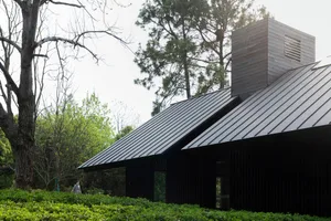 A modern house with a black roof surrounded by trees, featuring a large window and natural lighting