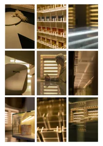 Commercial space with modern design, glass walls, metal accents, and wooden elements, featuring a mix of natural and artificial lighting