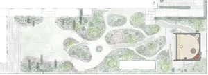 a serene park with a pond surrounded by trees, a bridge, and well-maintained landscaping