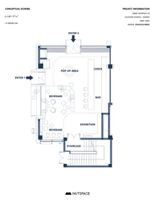 2D floor plan of a modern building with a bar, lounge, and dining area, featuring a blue and white color scheme and various rooms