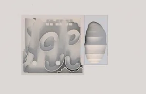 A creative bathroom design featuring an abstract face and geometric shapes on a white background