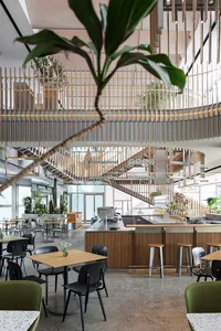 Warm and inviting restaurant interior with a spiral staircase, wooden walls and flooring, and potted plants, surrounded by dining tables and chairs